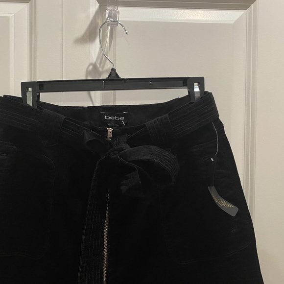 Bebe Black Corduroy A-Line Skirt w Front Zip, Pockets and Tie Belt Size 10 NWT - Picture 3 of 12